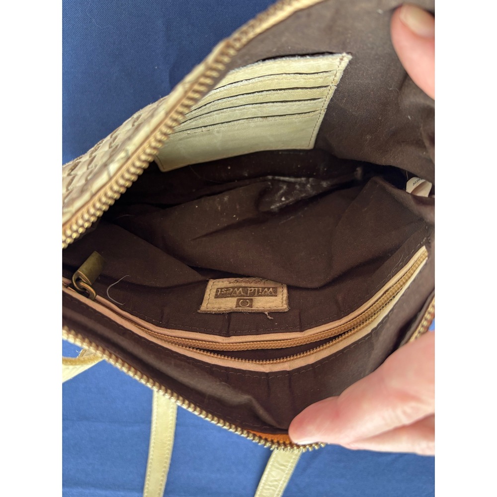 Wild West Los Angeles Cream Leather Studded Woven Crossbody Bag Cream Boho Bag - Picture 4 of 10